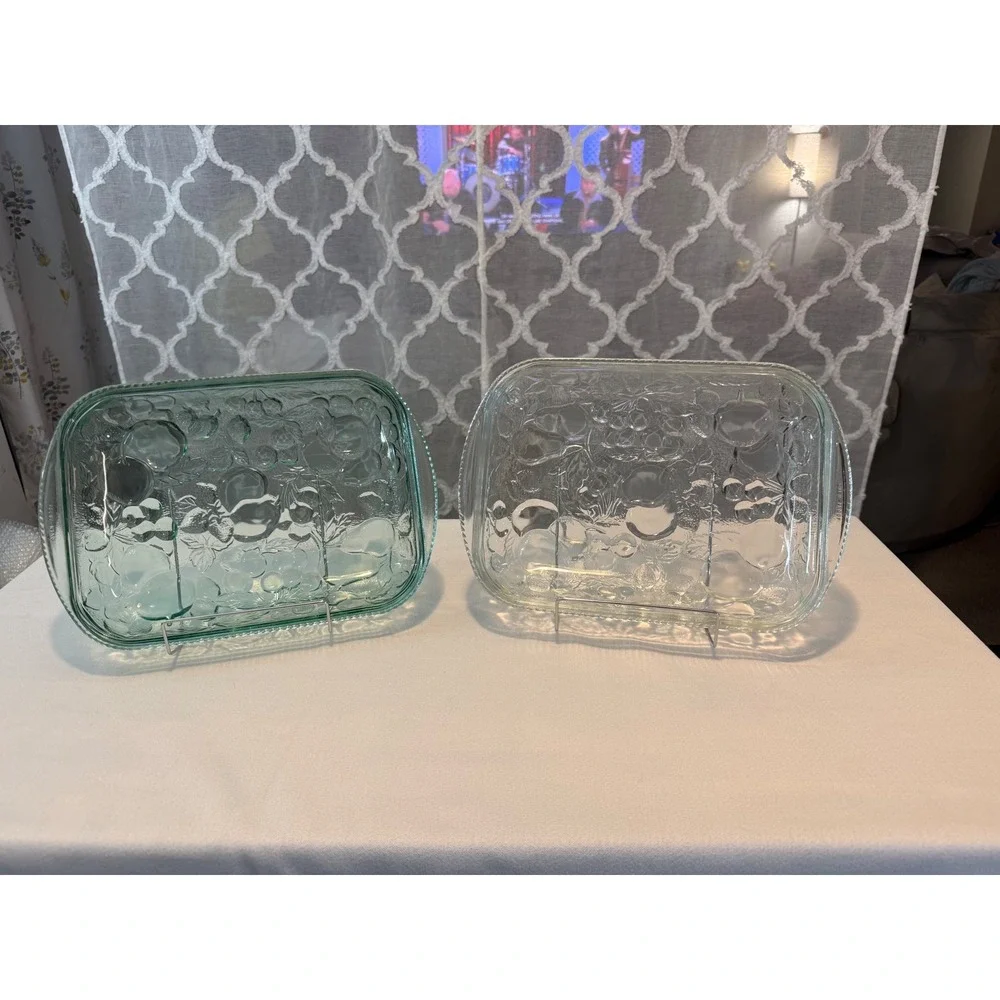 Vintage Libbey Orchard Fruit Baking Dish Set Clear Green Glass Oven Proof 2pc